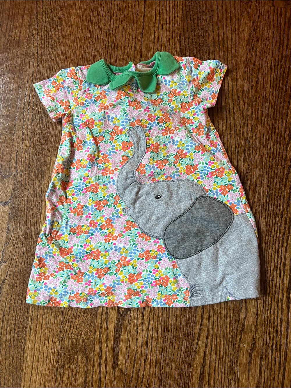 Baby Boden Floral Elephant Dress with Green Scalloped Collar